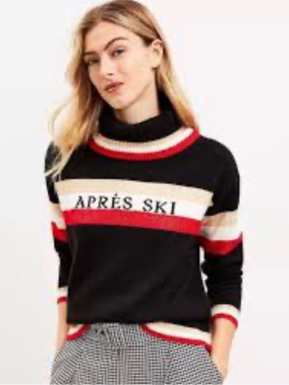 Lou & Grey‎ Apres Ski Sweater Black Red White Striped Turtleneck Pullover S NEW